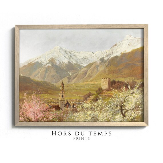 Snow Capped Mountains Village Church Tower Blooming Orchards Spring Poster