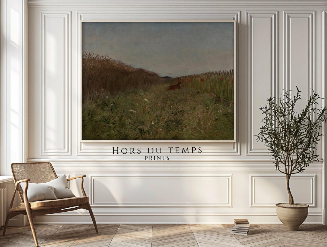 Deer in Wild Grass Field Poppy Meadow Muted Twilight Painting Poster - Image 2