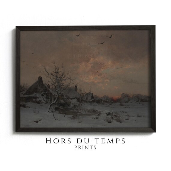 Moody Winter Village Farmhouse Painting Christmas Vintage Art Hors Du Temps Prints