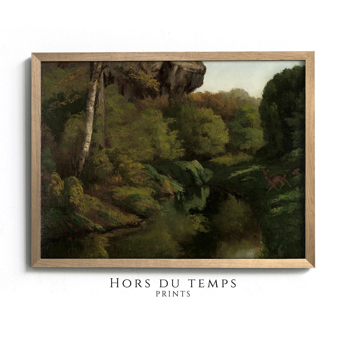 Forest Ravine Stream Deer Rocks Moody Vintage Oil Art Poster