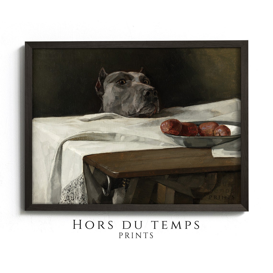 Hungry Mastiff Dog Eyeing Sausages Still Life Painting Poster