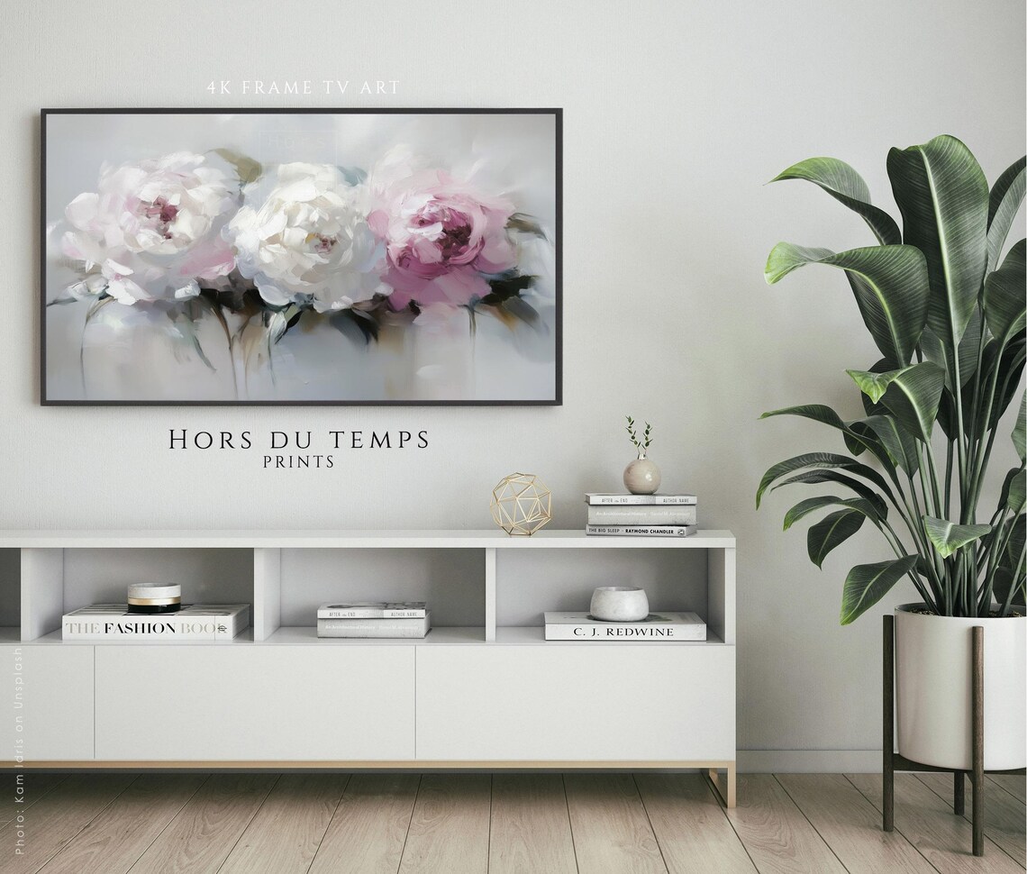 White Pink Peony Blossoms Soft Floral Oil Painting Wide Art Poster - Image 2