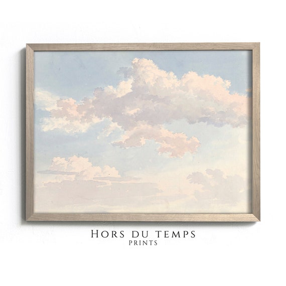 Clouds Art Blue Sky Oil Painting Nursery Wall Decor Vintage Muted Colors Artwork Country Decor Minimalist Nursery Wall Art