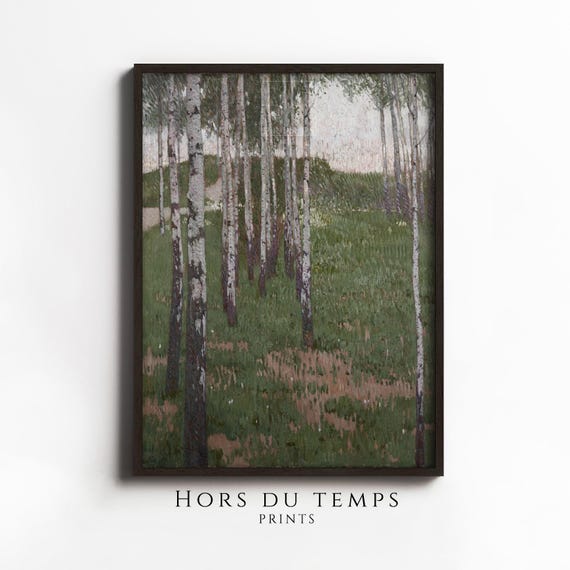 Birch Tree Forest Landscape Oil Painting Green Tonal Rustic Art Vintage Cottage Wall Decor Hors Du Temps Prints