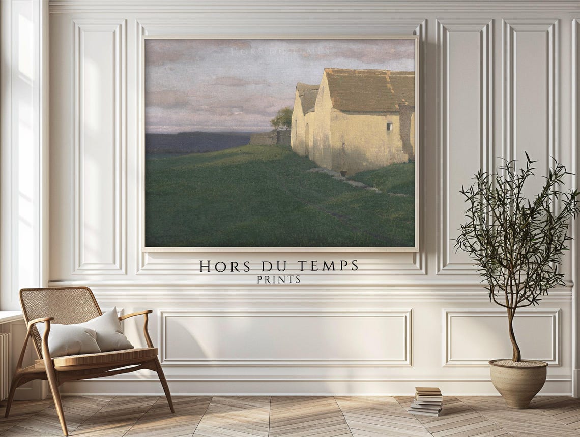 Vintage Whitewashed Farmhouse at Dusk Country Field Painting Poster - Image 2