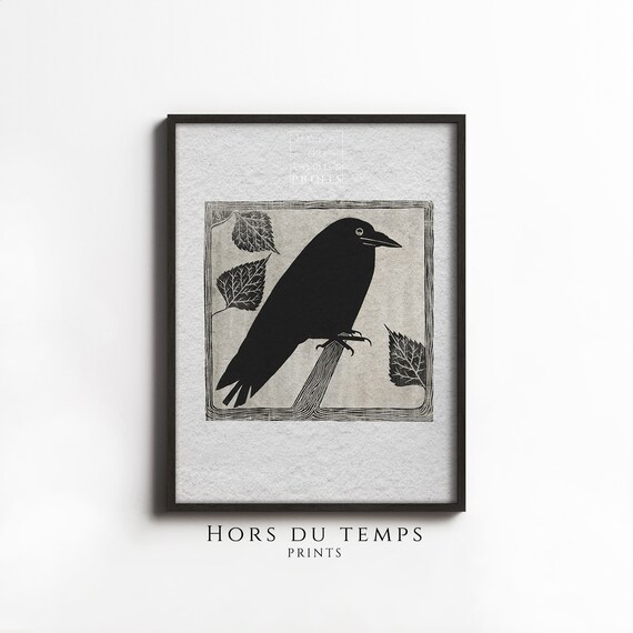 Black Crow Silhouette Woodblock Leaves Minimalist Bird Poster