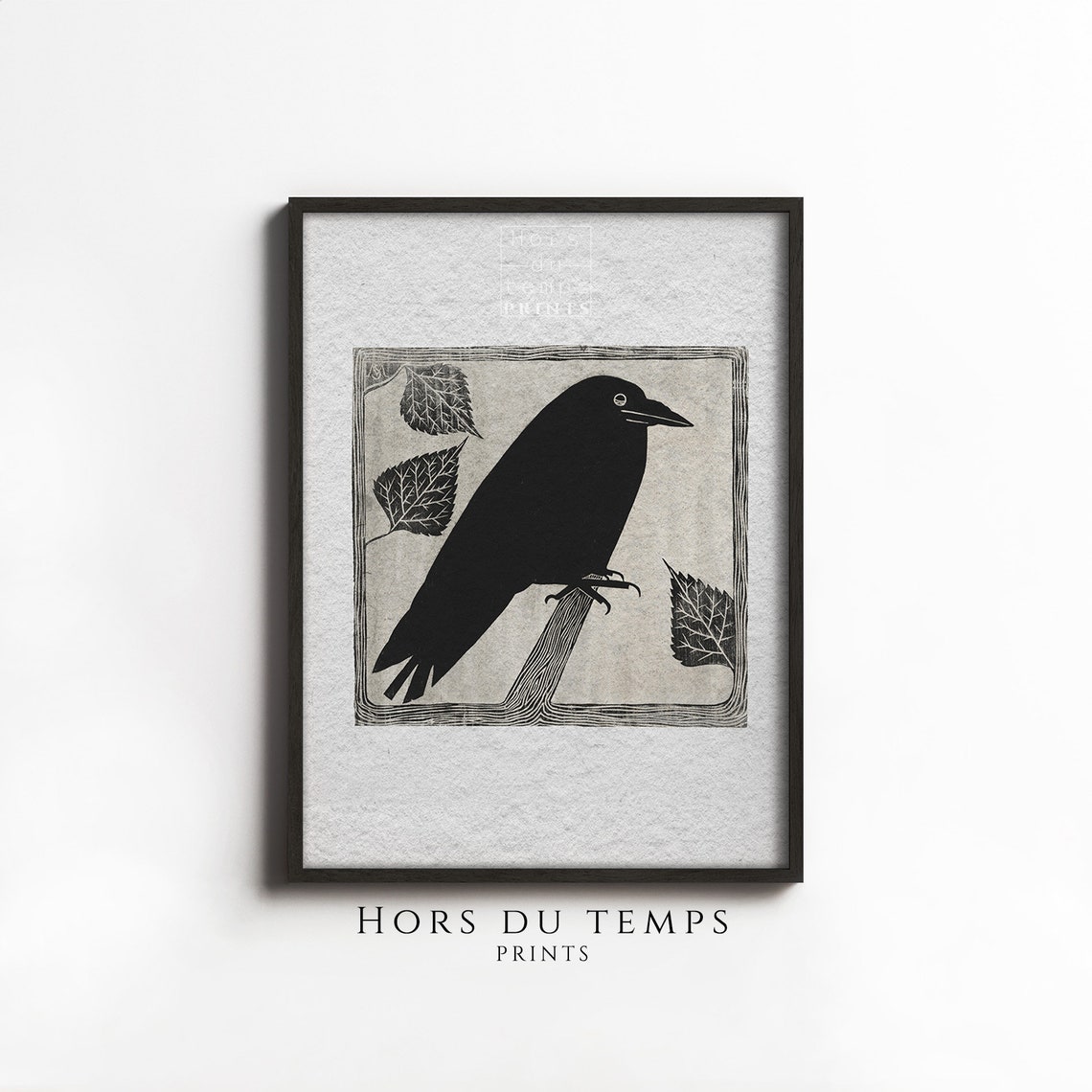 Black Crow Silhouette Woodblock Leaves Minimalist Bird Poster