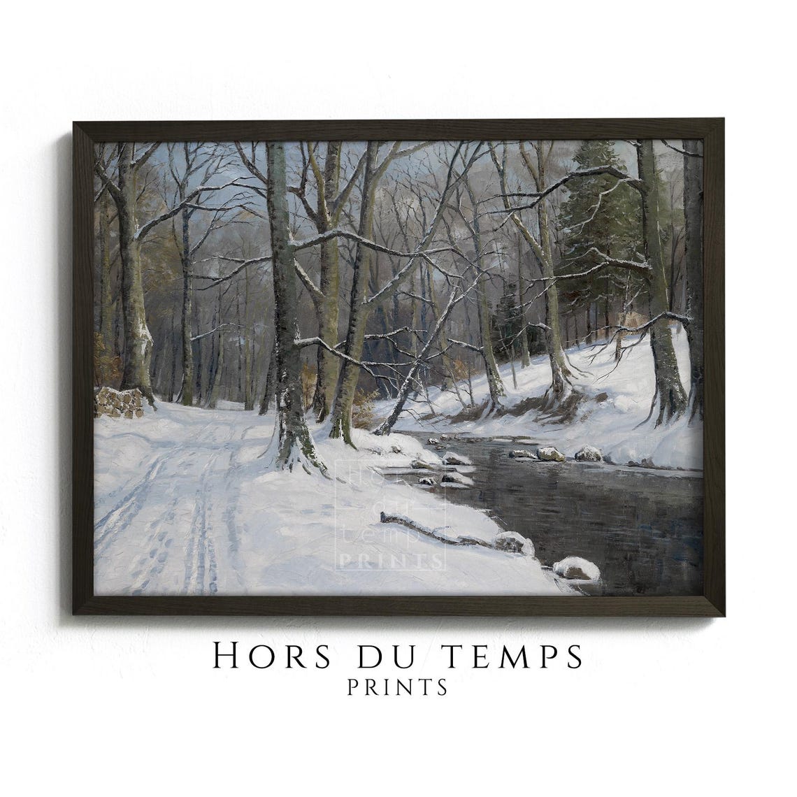Snowy Beech Forest with Stream and Winding Lane Winter Poster