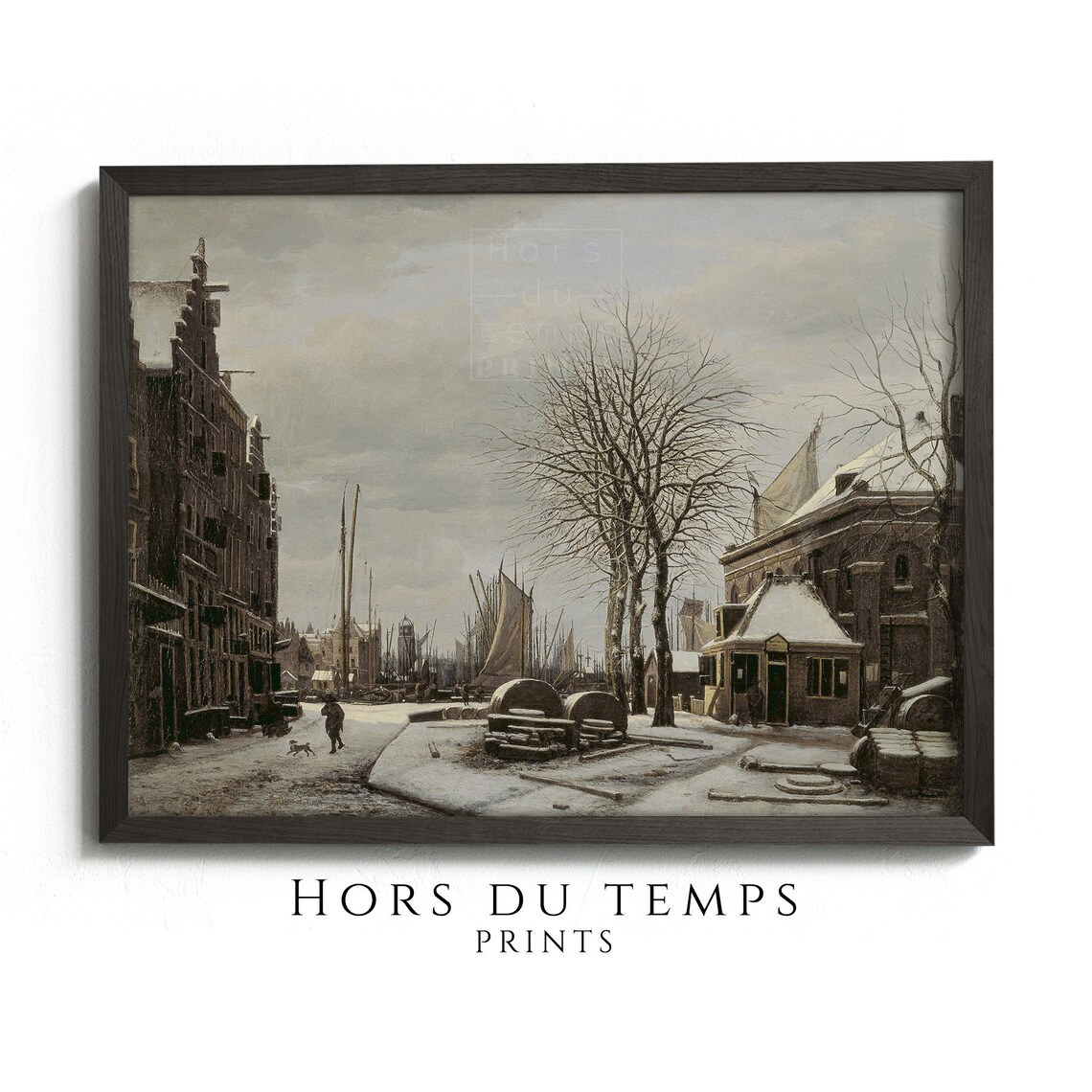 Winter Harbor Street Tall Ships Vintage European Cityscape Poster