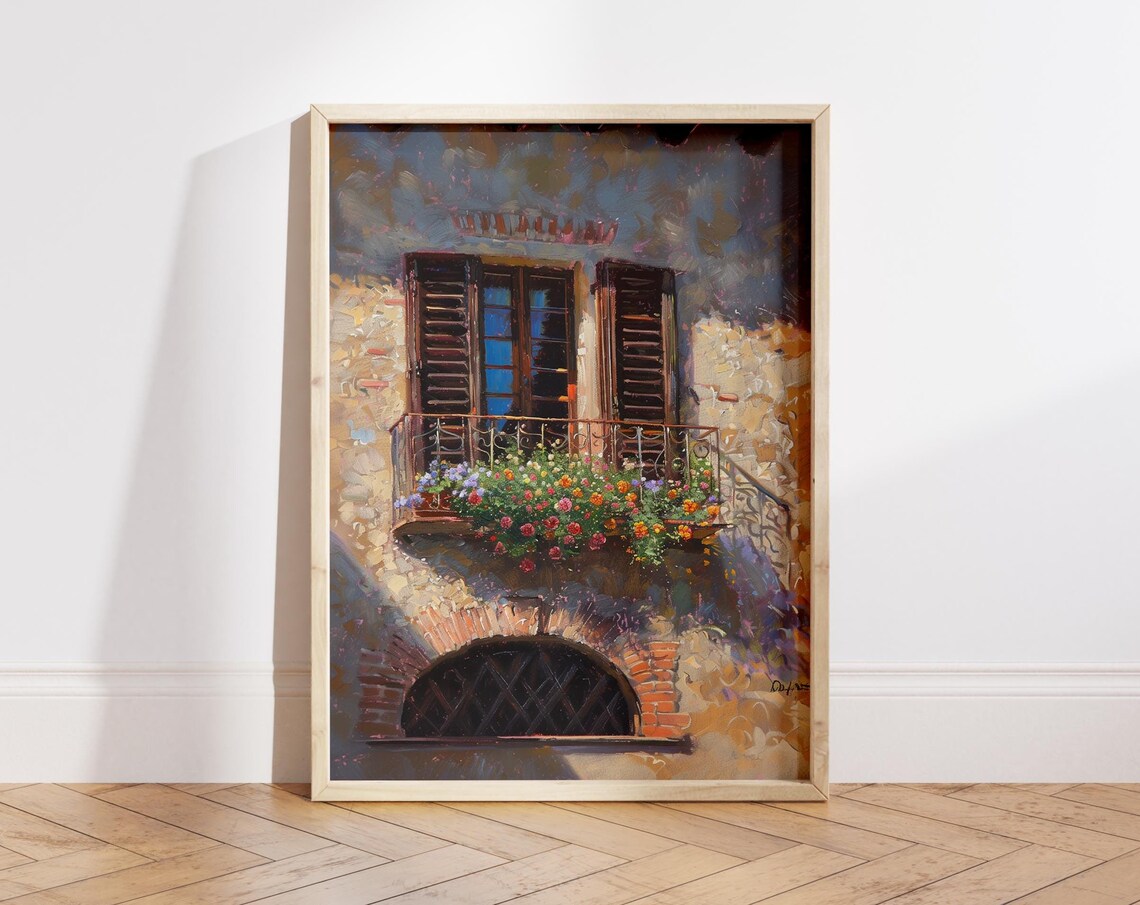 Rustic Italian Window With Flowering Balcony Oil Painting Art Poster