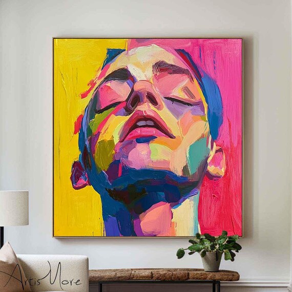 Abstract Man Face Tilted Up Colorful Portrait Yellow Pink Poster