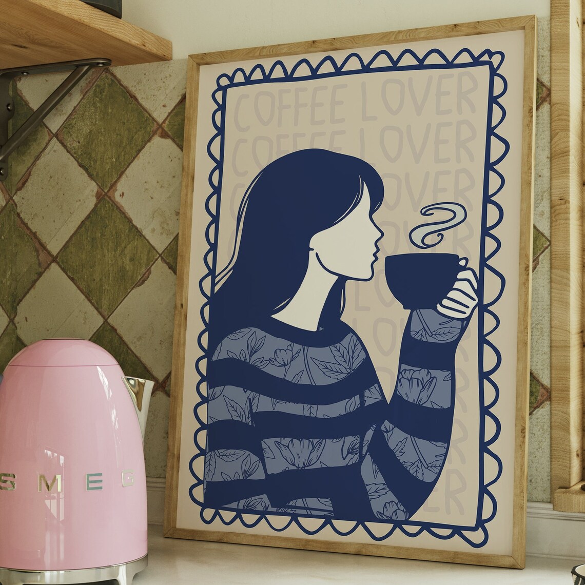 Coffee Lover Navy Illustration Woman Sipping Coffee Kitchen Wall Art