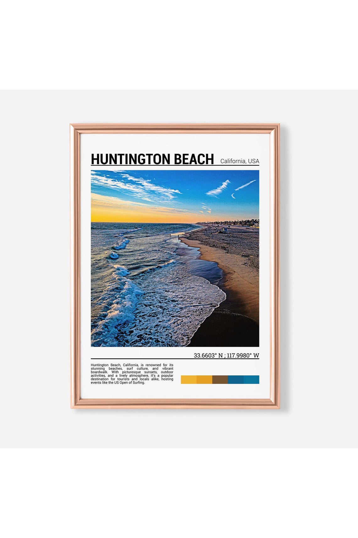Huntington Beach California Golden Sunset Surf Shore Travel Poster