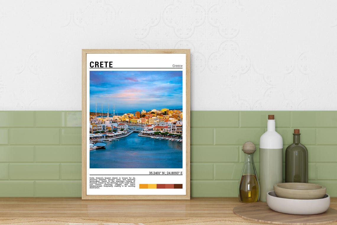 Crete Greece Colorful Harbor Town Sunset Waterfront Travel Poster - Image 3
