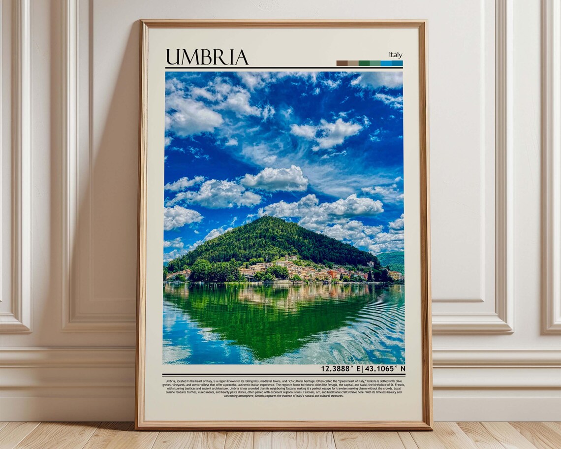 Umbria Italy Lake Village Travel Poster With Coordinates Art