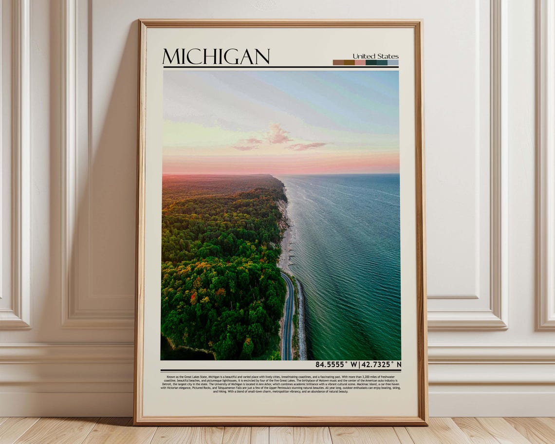 Michigan Great Lakes Coastline Sunset Aerial Nature Travel Poster