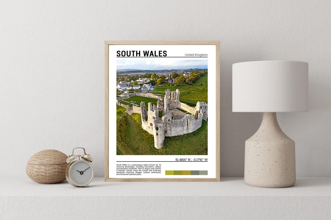South Wales Medieval Castle Ruins Aerial Green Valley Photo Poster - Image 2