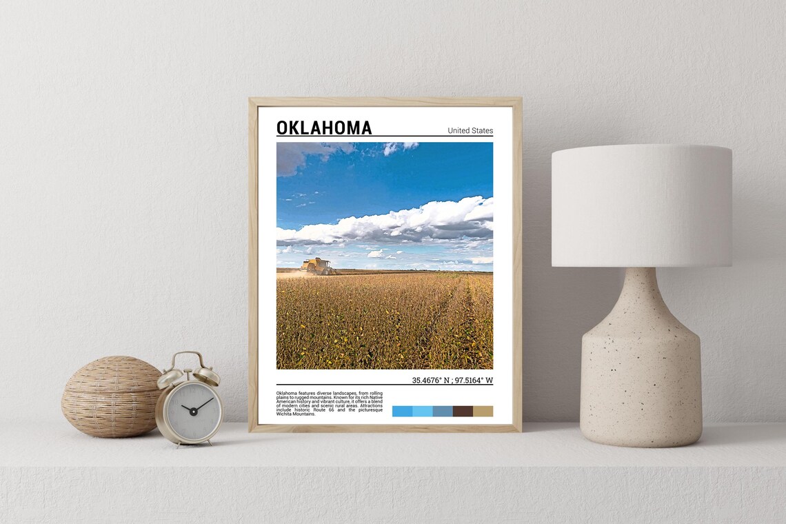 Oklahoma Wheat Field Harvest Combine Golden Plains Travel Photo Poster - Image 2
