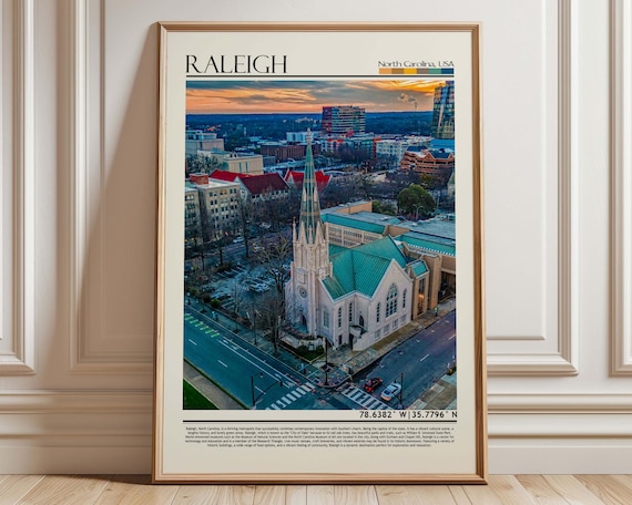 Raleigh North Carolina City Skyline Church Steeple Travel Poster