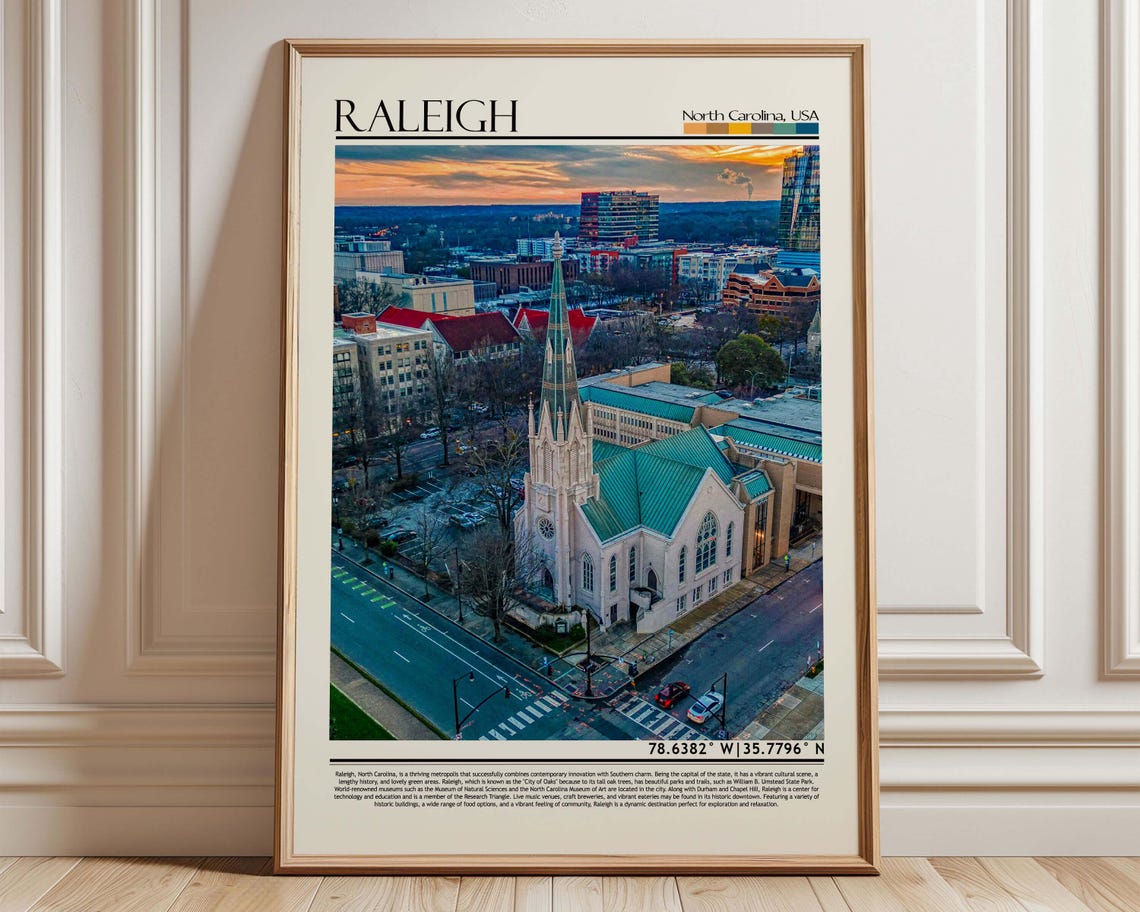 Raleigh North Carolina City Skyline Church Steeple Travel Poster