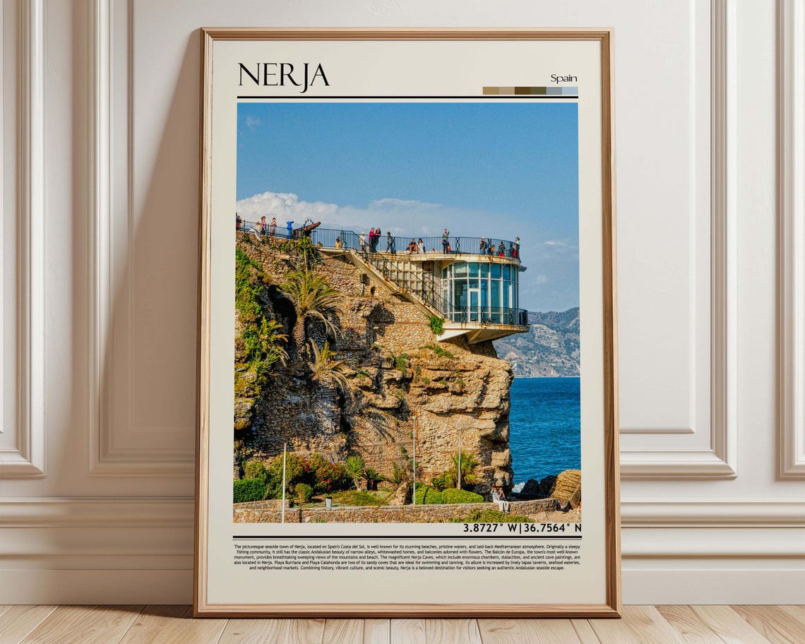 Nerja Spain Travel Poster Clifftop Balcony Mediterranean Sea Art