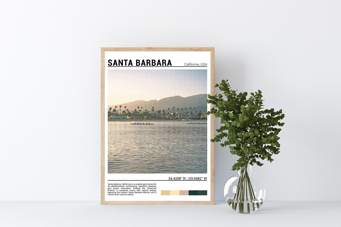 Santa Barbara California Waterfront Palms Mountains Sunset Travel Poster - Image 4