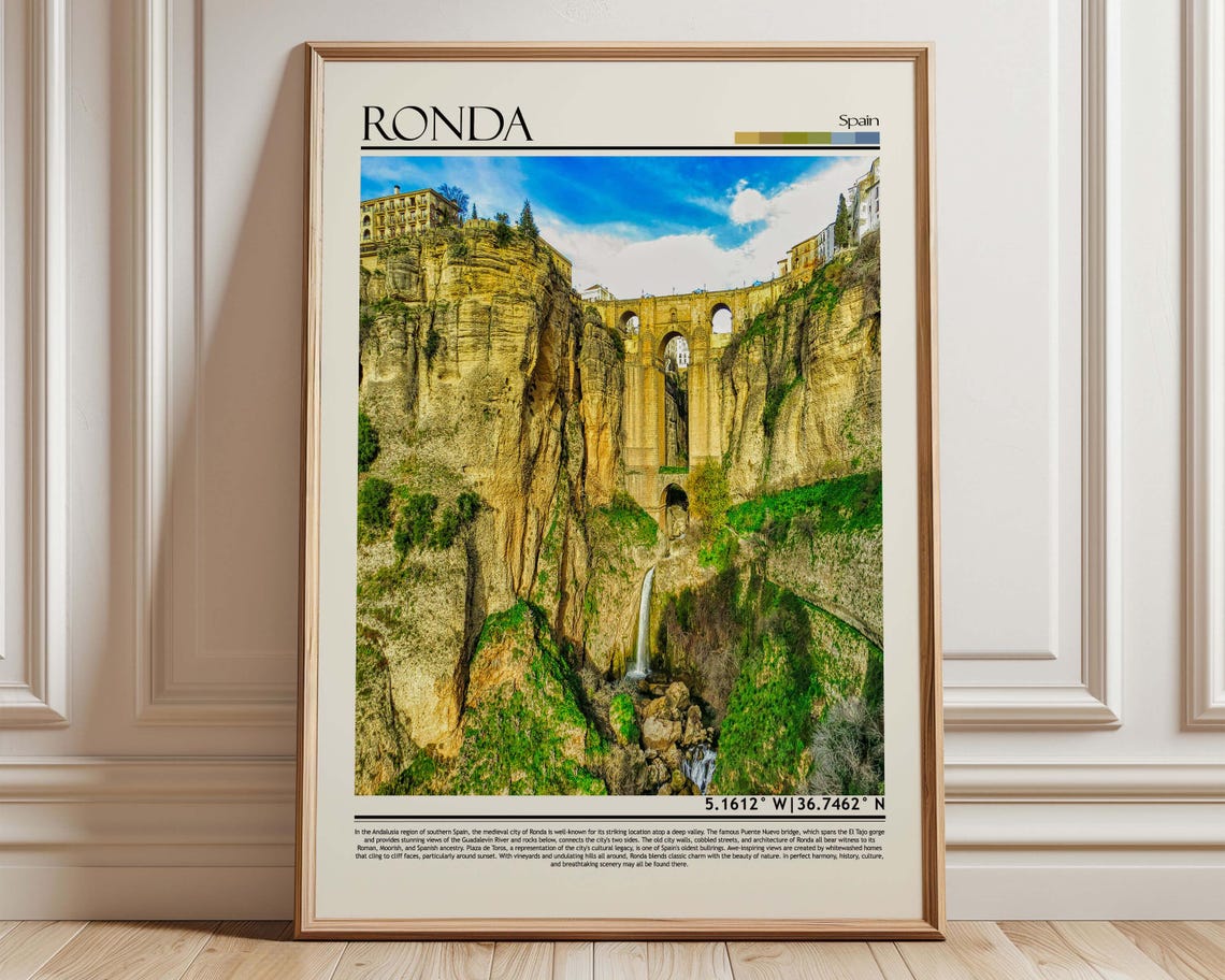 Ronda Spain Puente Nuevo Bridge over Gorge Waterfall Travel Poster