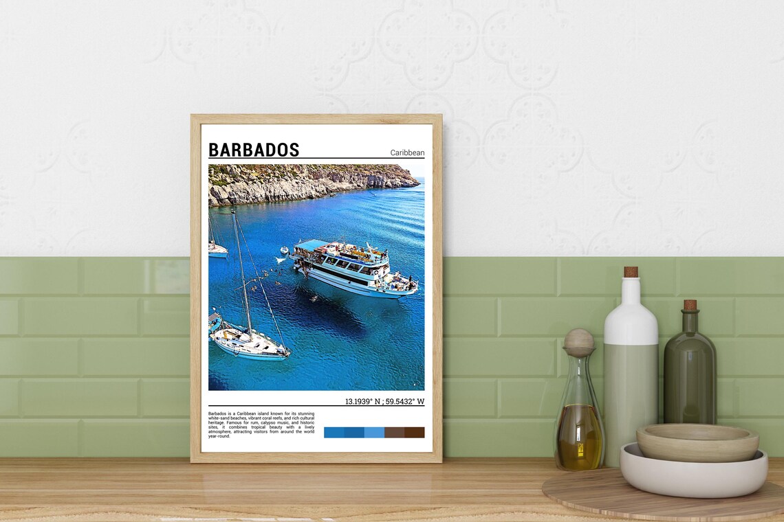 Barbados Caribbean Boats Blue Water Cove Rocky Coast Travel Poster - Image 3