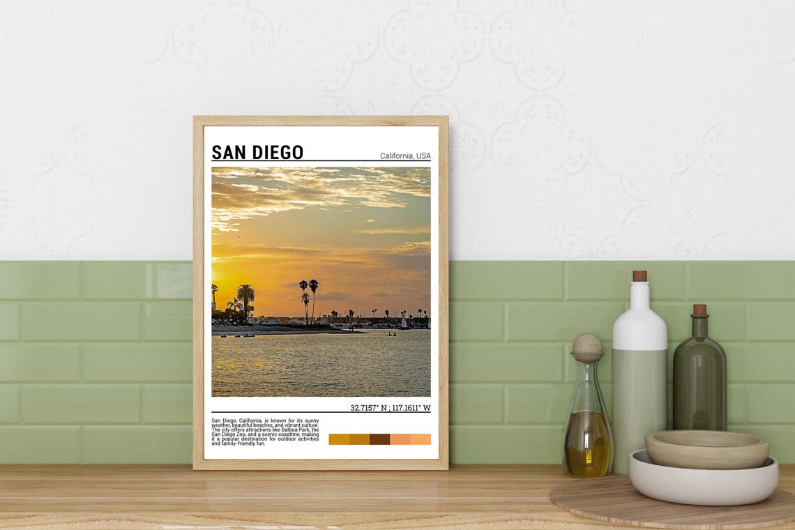 San Diego California Sunset Bay Palm Trees Marina View Travel Poster - Image 3