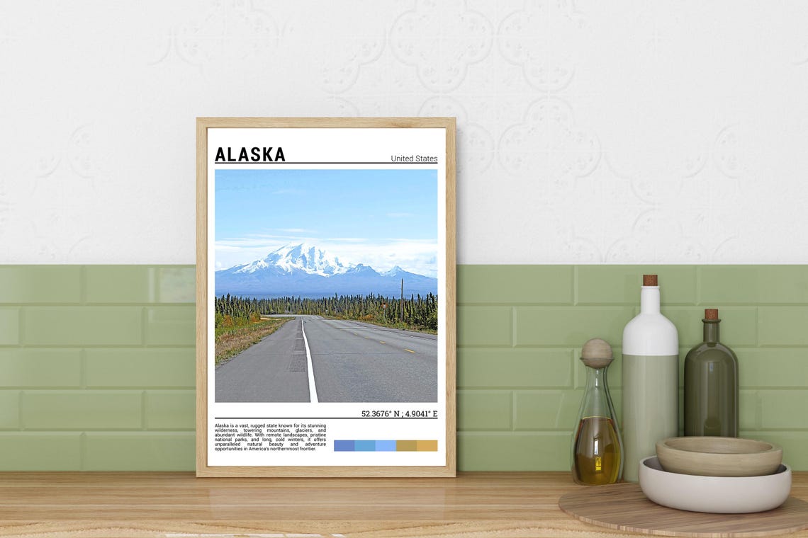Alaska Snowcapped Mountain Highway Forest Scenic Road Travel Poster - Image 3