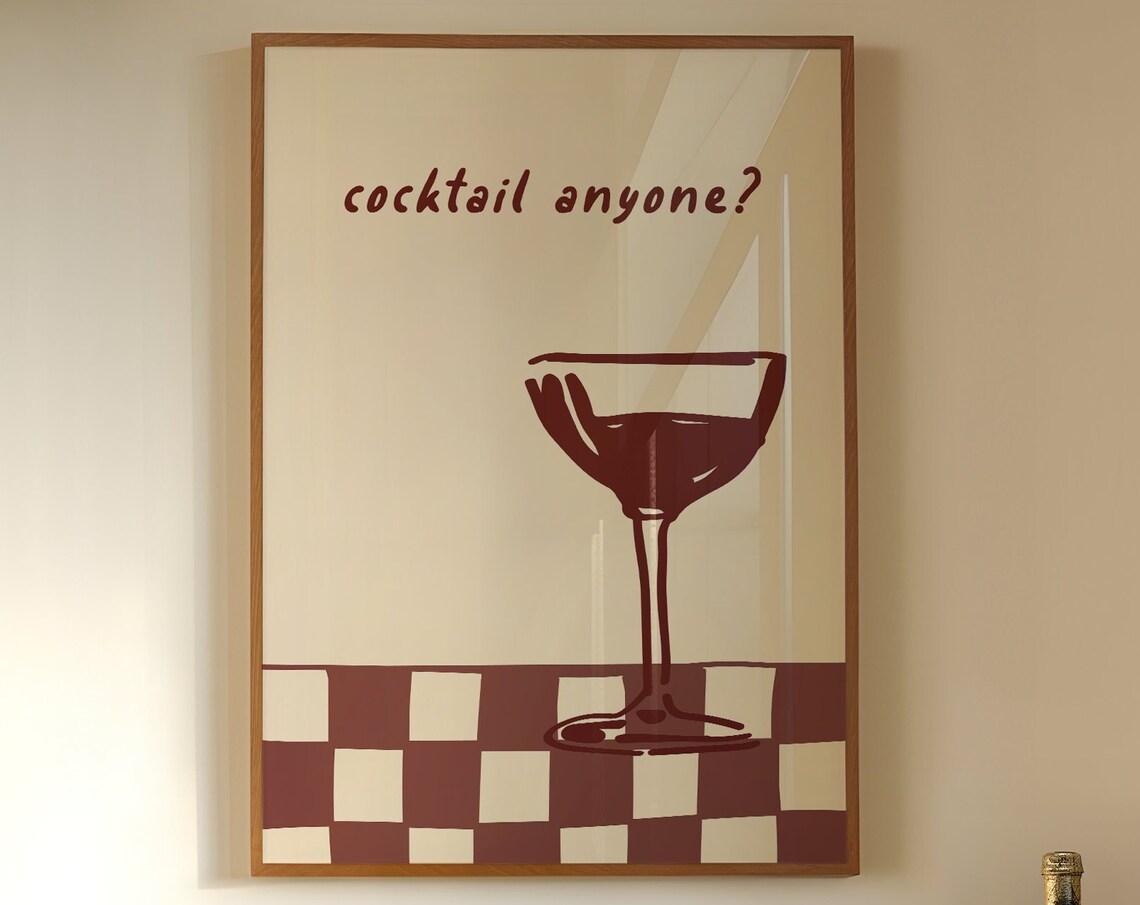 Cocktail Anyone Coupe Glass Checkerboard Retro Bar Wall Art Poster
