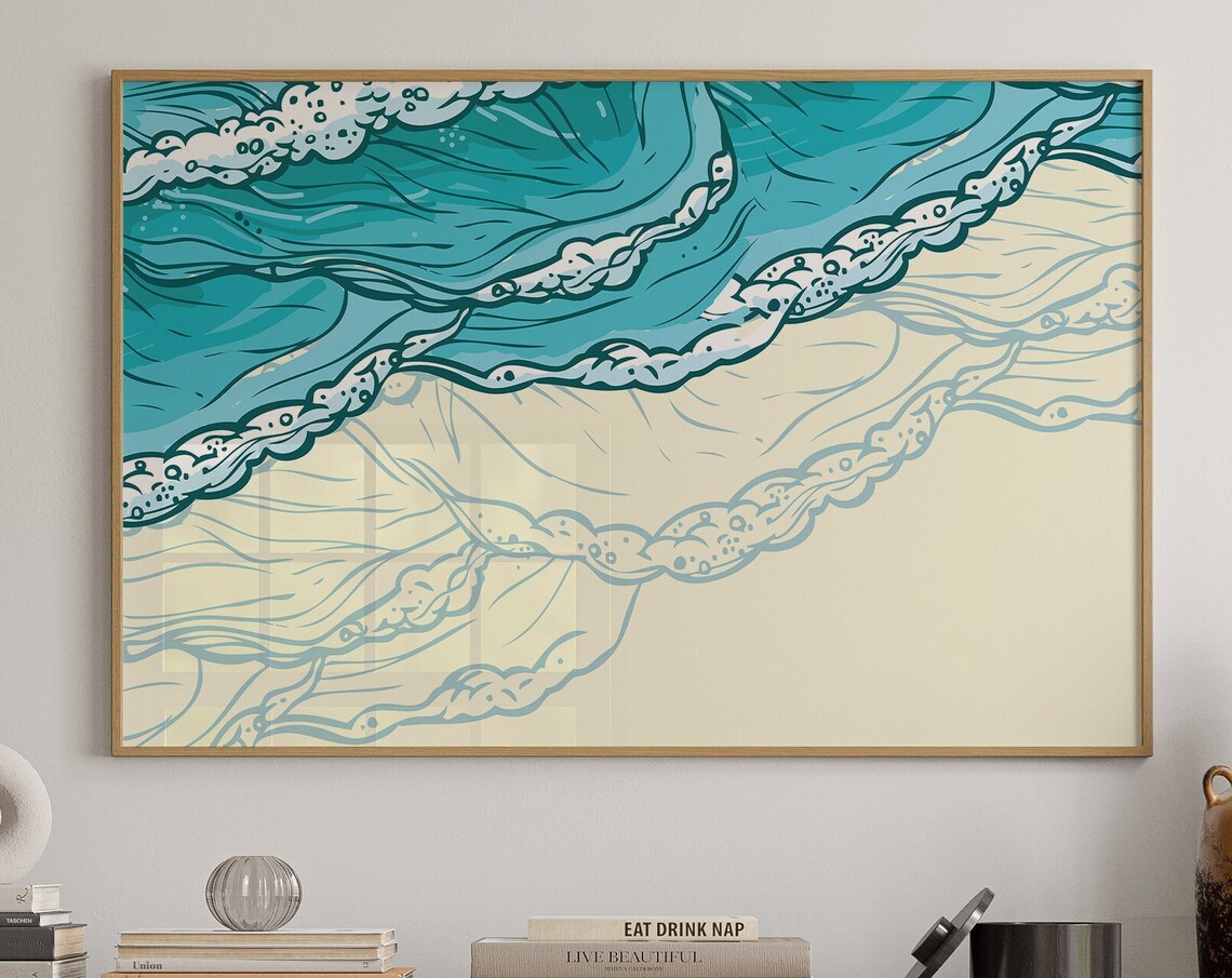 Aerial Turquoise Surf Waves Cream Sand Abstract Ocean Poster