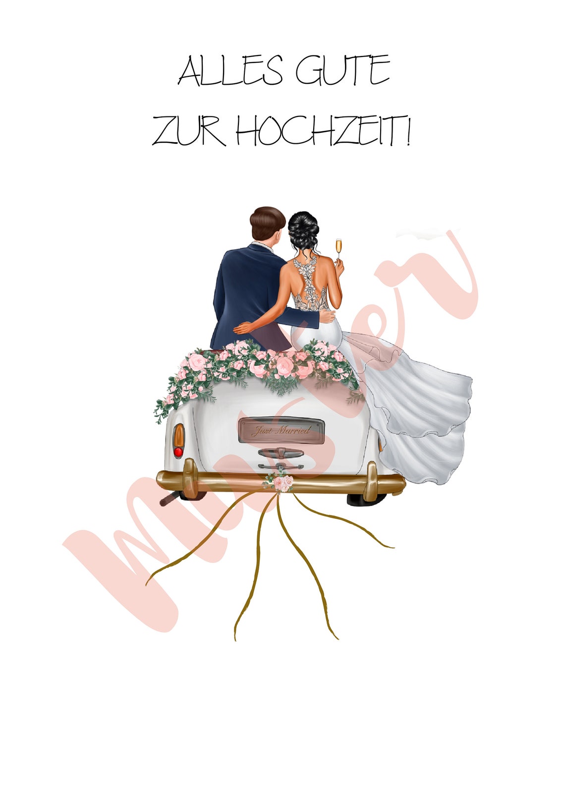 Long Black Ponytail Bride and Groom on Pink Rose Wedding Car Poster - Image 3