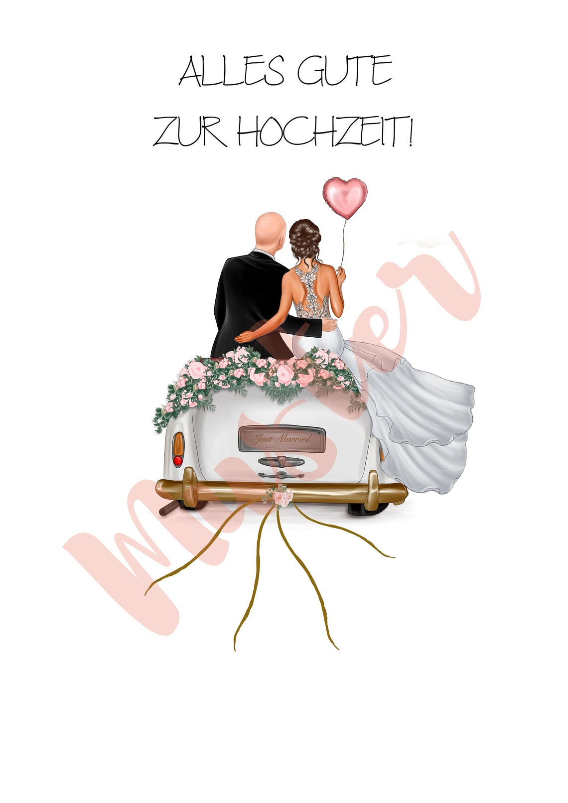 Bald Groom and Brown Haired Bride Champagne Just Married Car Poster - Image 3