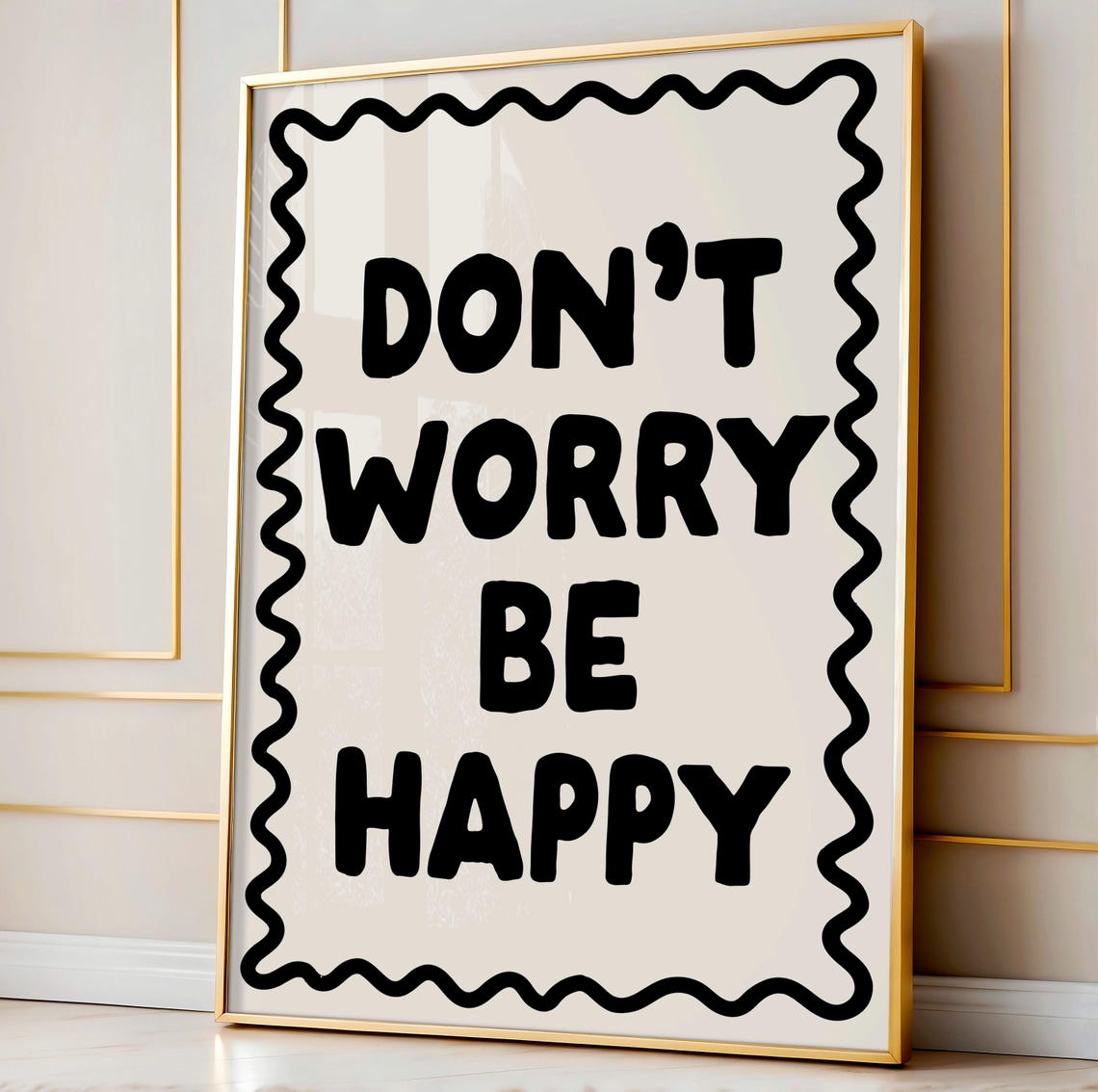 Dont Worry Be Happy Bold Black Wavy Border Retro Positivity Poster