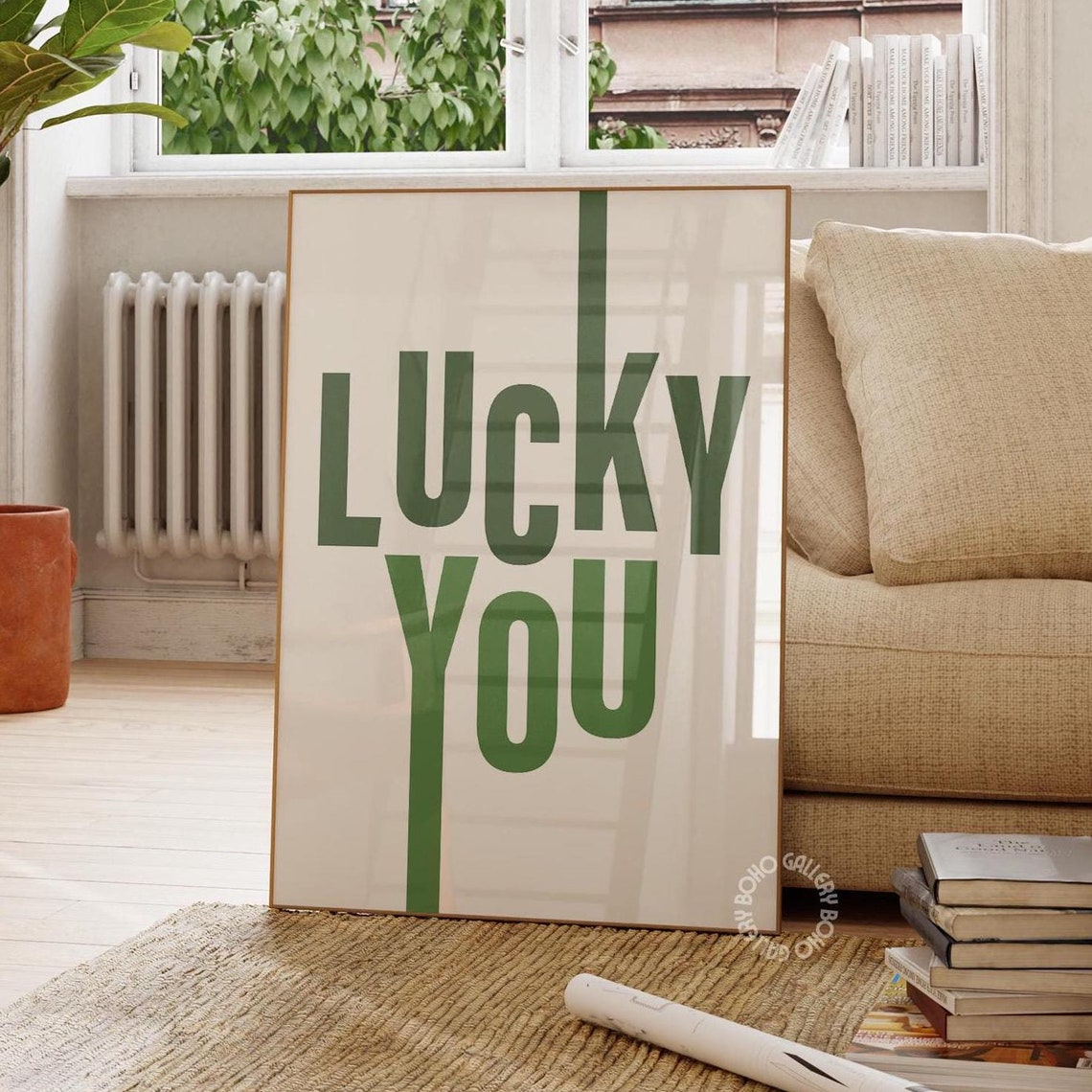 Lucky You Green Retro Typography Block Lettering Minimalist Wall Art