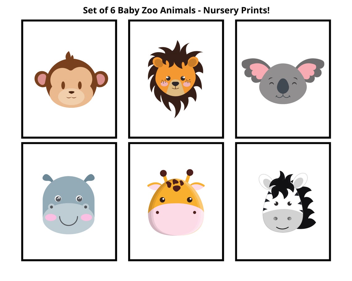 Set Of Six Baby Zoo Animals Cute Cartoon Faces Nursery Wall Art