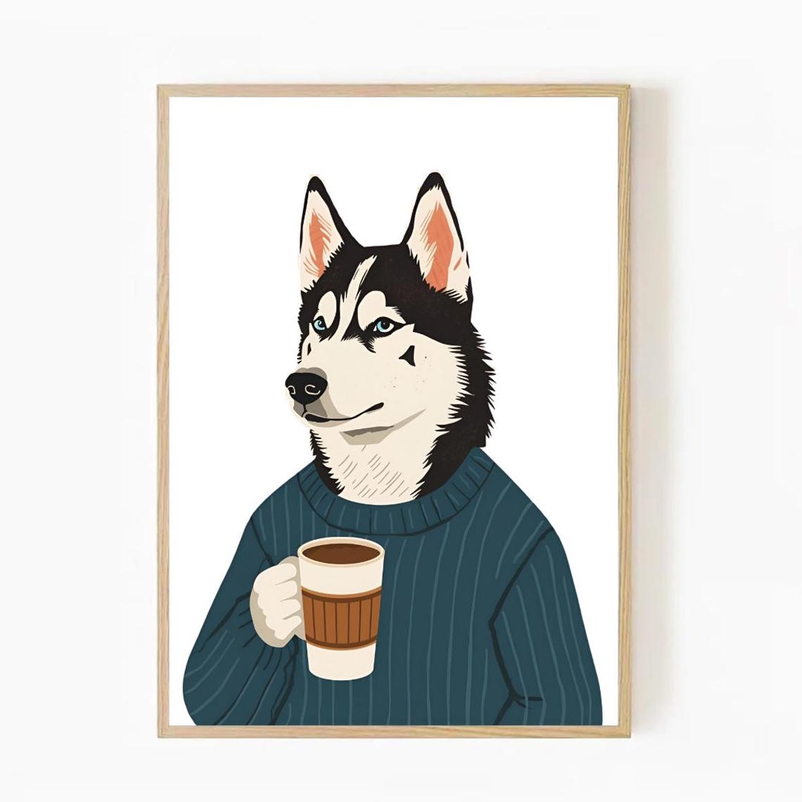 Husky In Teal Sweater Holding Coffee Cute Dog Lover Wall Poster