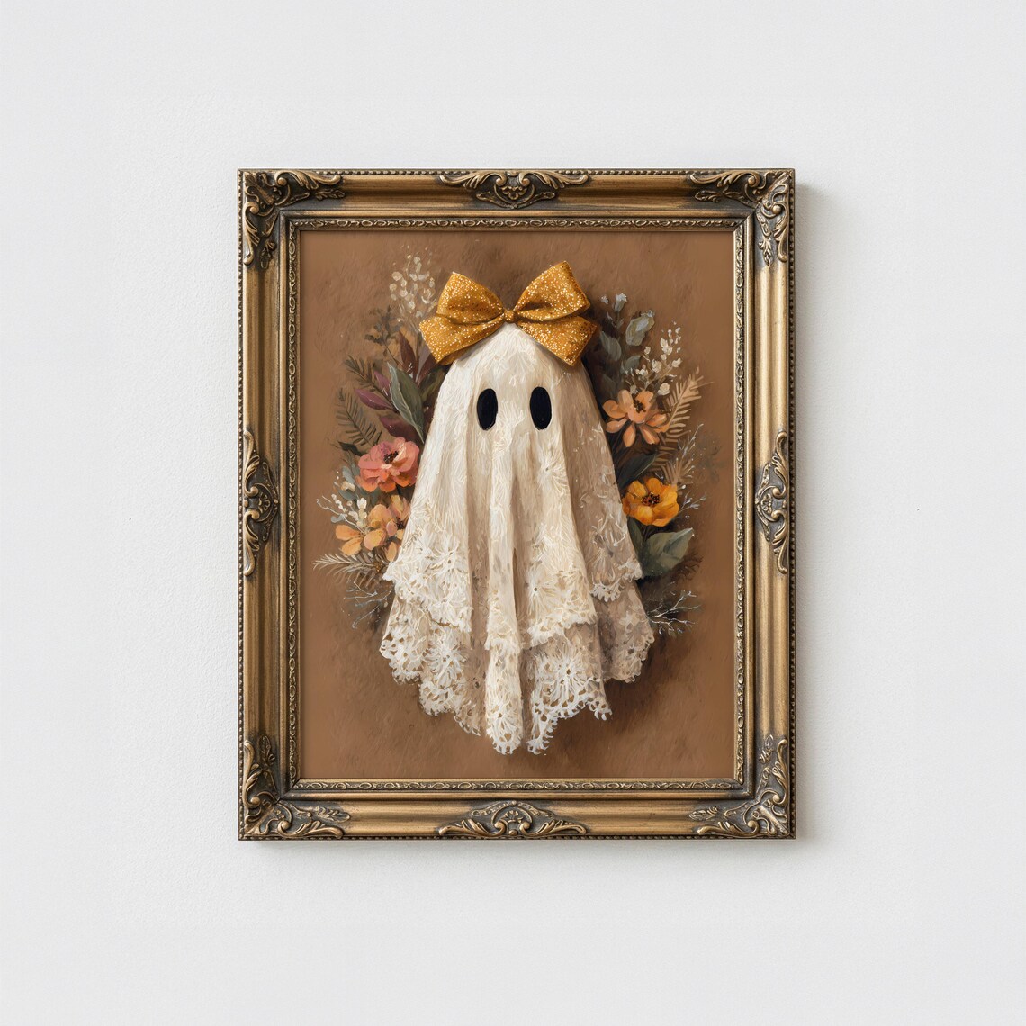 Cute Halloween Art Print, Lace Dress Floral Bouquet