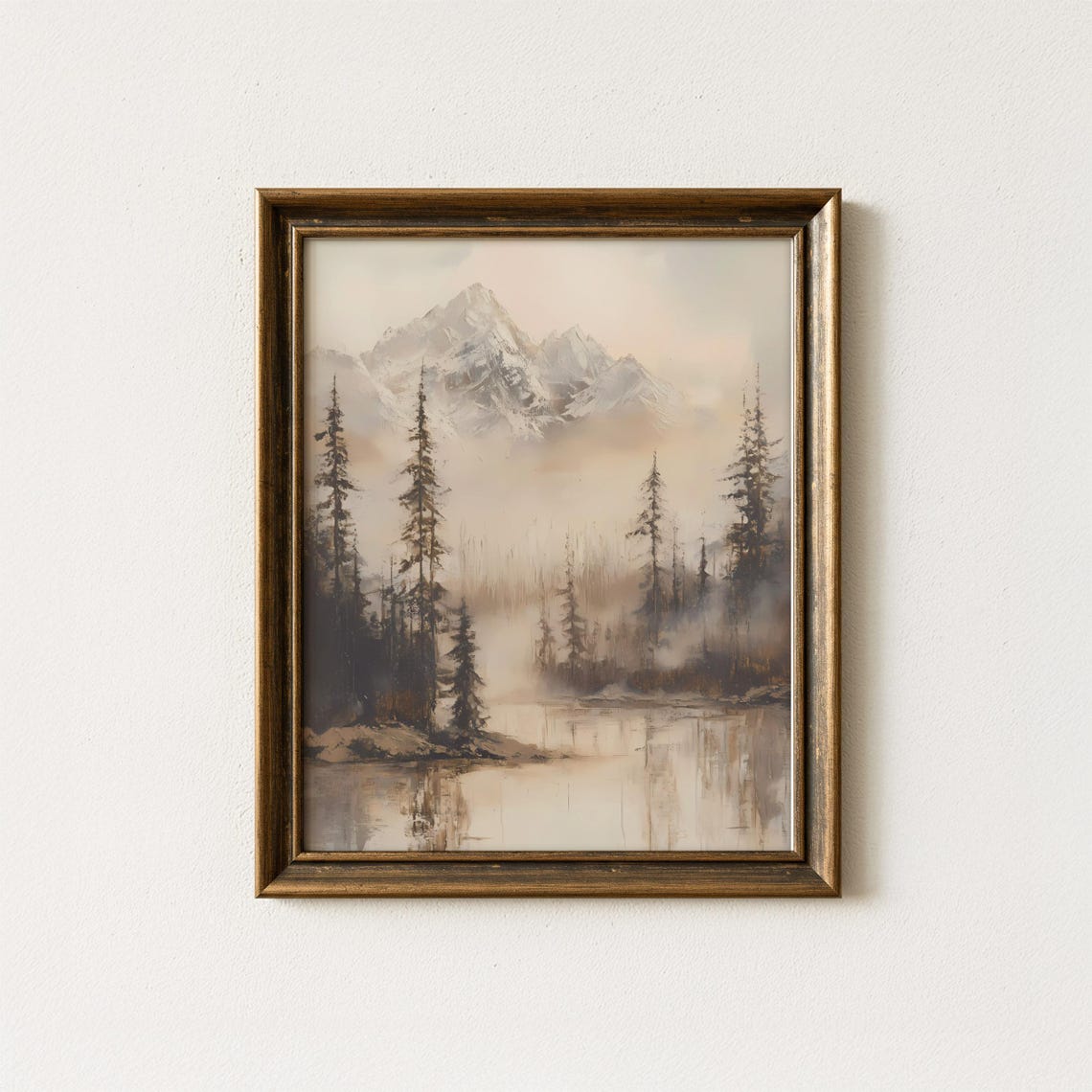 Misty Winter Mountain Lake Pines Vintage Landscape Painting Print