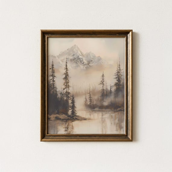Mountain Landscape Wall Art Winter Forest Nature Scene Rustic Cabin Decor Frosty Pines Artwork Cozy Home Print
