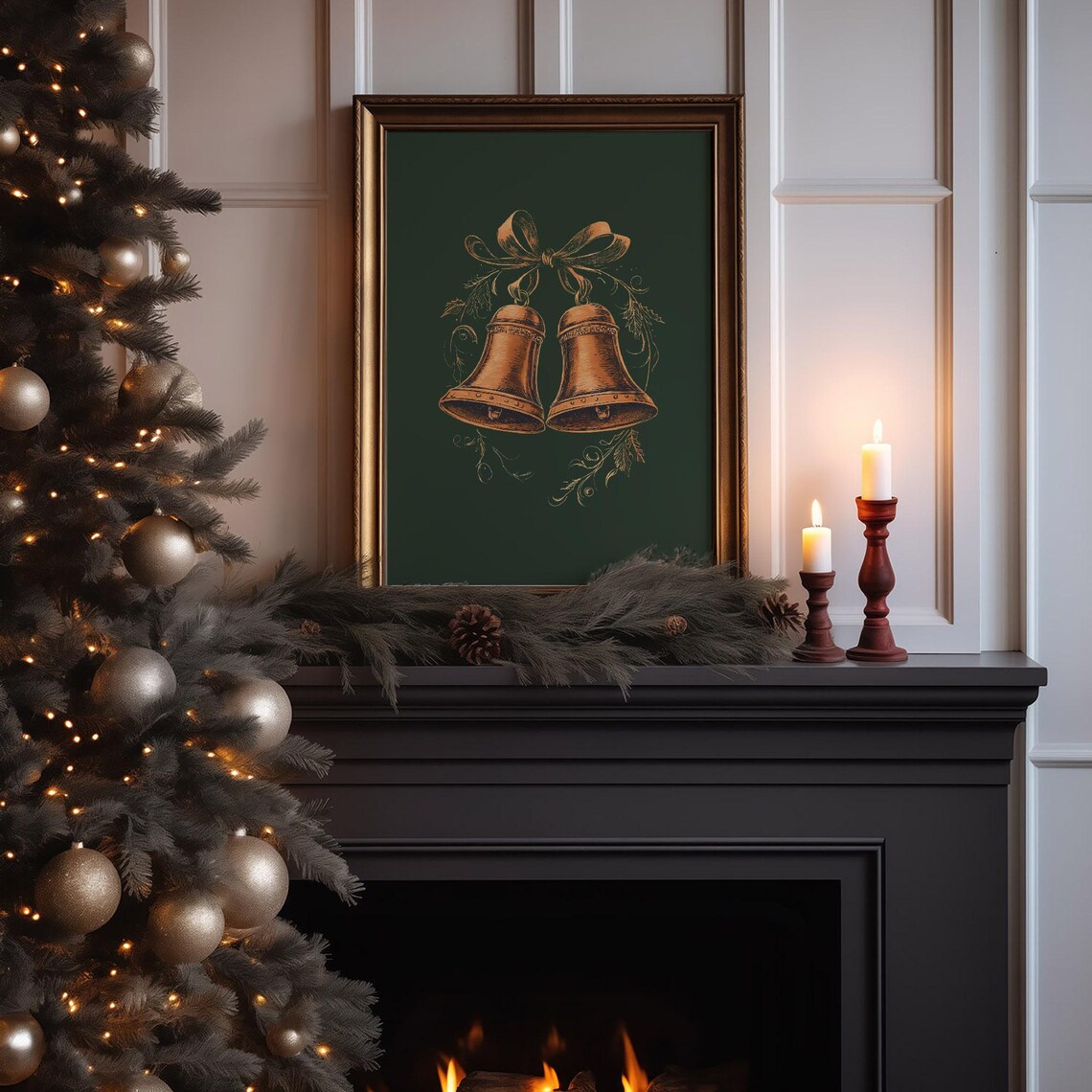 Gold Christmas Bells Bow Vintage Engraving Dark Green Art Poster - Image 2