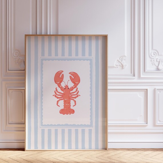 Preppy Lobster Wall Art Coastal Dorm Print Girly Summer Beach Decor Light Blue Striped Cute Apartment