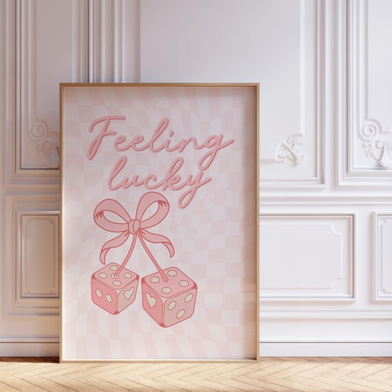 Feeling Lucky Pink Fuzzy Dice Bow Checkerboard Coquette Quote Poster