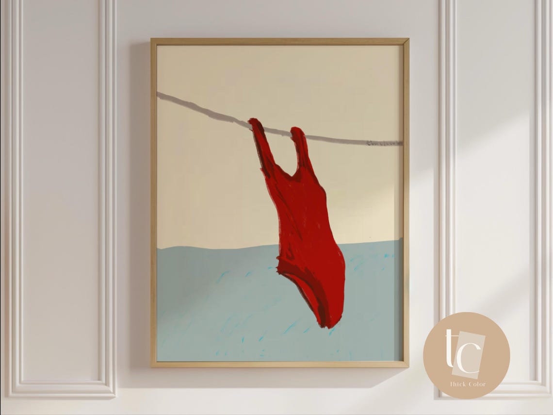 Red Swimsuit on a Line Minimalist Wall Art Modern Summer Pool Decor
