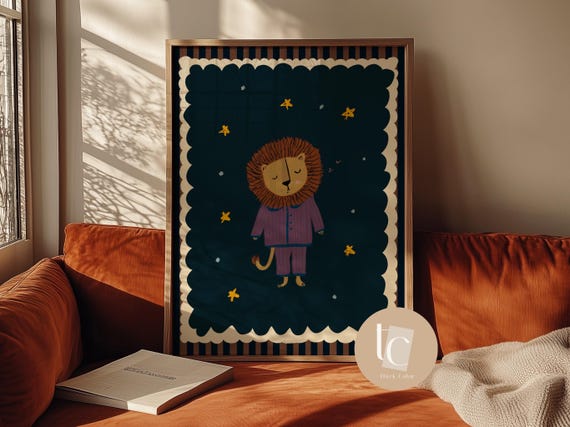 Baby Lion Sleeping In Cute Pajamas Nursery Wall Art Retro Kids Decor Animals Gendre Neutral Whimsical Boy Print