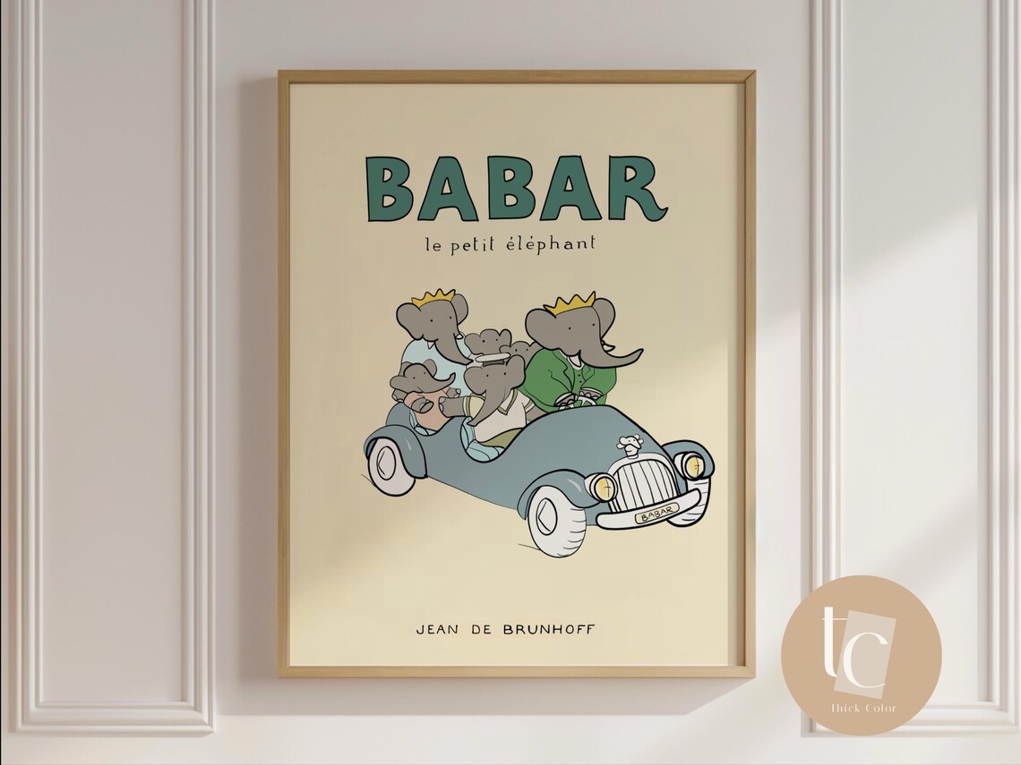 Babar With His Family Nursery Art Print, Retro Kids Decor