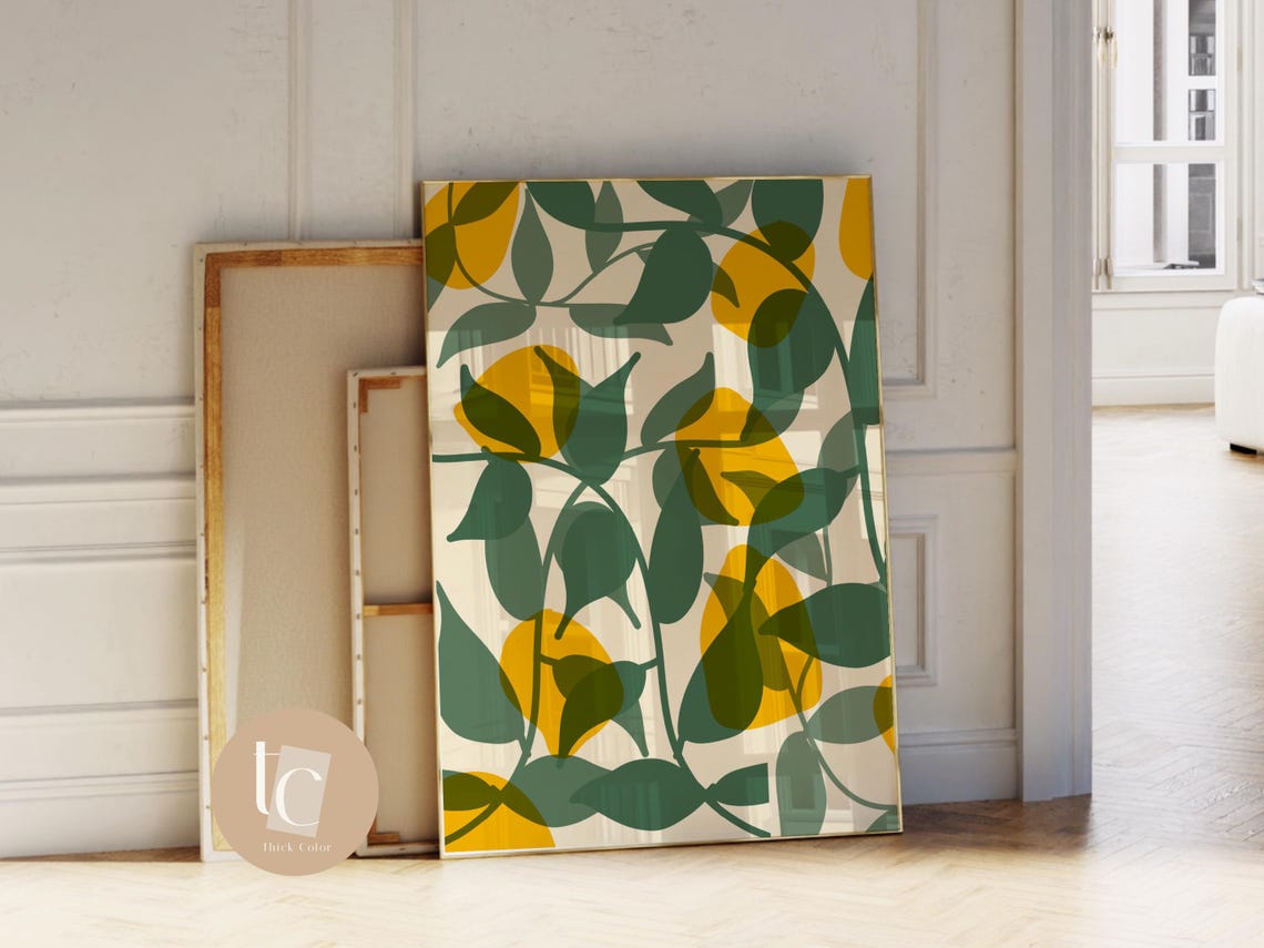 Yellow Lemon Pattern Cream Green Botanical Kitchen Decor Poster