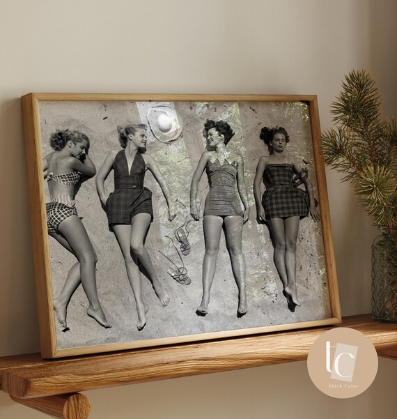 Girls Lying In Bikini On Beach Friends Prints Canvas Print Poster Vintage Wall Art Having Fun Funny Home Decor