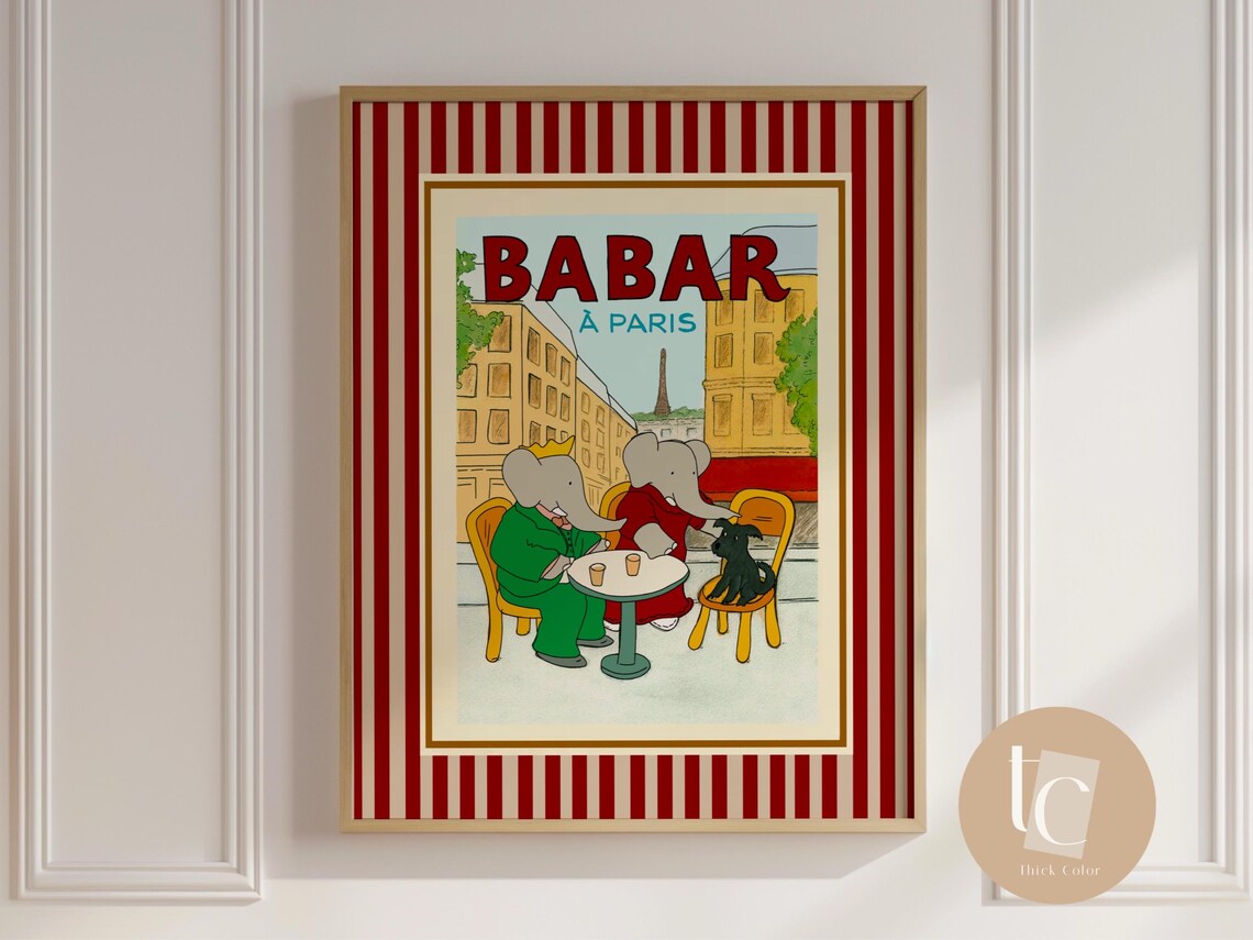 Babar The Elephant in Paris Cafe Retro Art Print